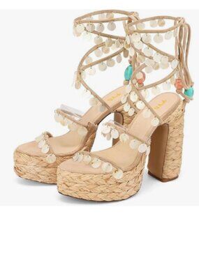 FYS Beige Strappy Platform Sandals Chunky High Heel Lace Up Shell Decorated Shoe
